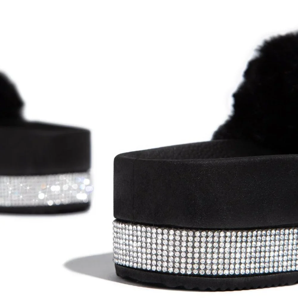NEW Rhinestone Faux Fur Slide Sandal Flat Platform - Picture 5 of 5